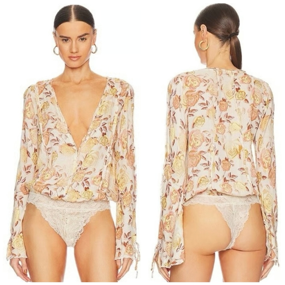 Free People Floral Bodysuit Large  Romantic Bell Sleeve | Western Gothic Nwot